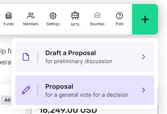 Create proposal button inside of a DAO page with the option to create a draft instead of a proposal